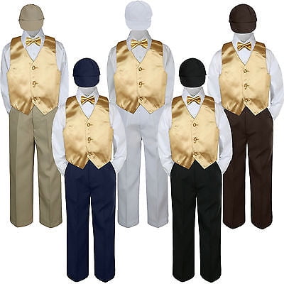 5pc Baby Toddler Kid Boys Brown Pants Hat Bow Tie Yellow Vest Suits Set 7 
